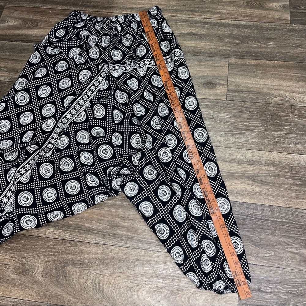 BELMA Boho Harem Pants Black White Cotton Elastic Waist OS - Picture 4 of 7